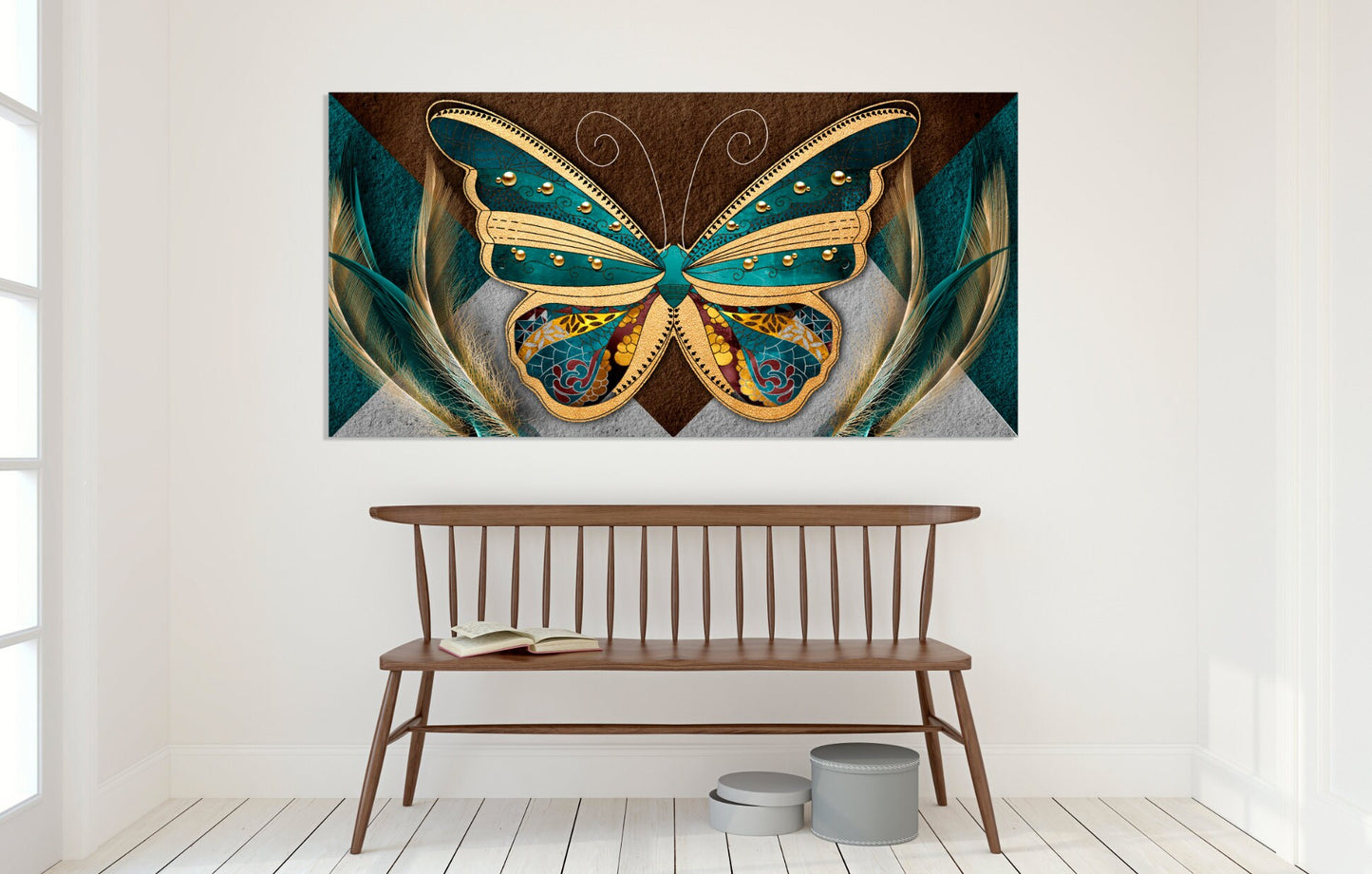 Butterfly wall decor prints, feather wall art, long large wall art oversized horizontal canvas painting