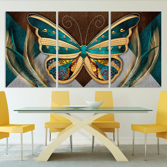 Butterfly wall decor prints, feather wall art, long large wall art oversized horizontal canvas painting