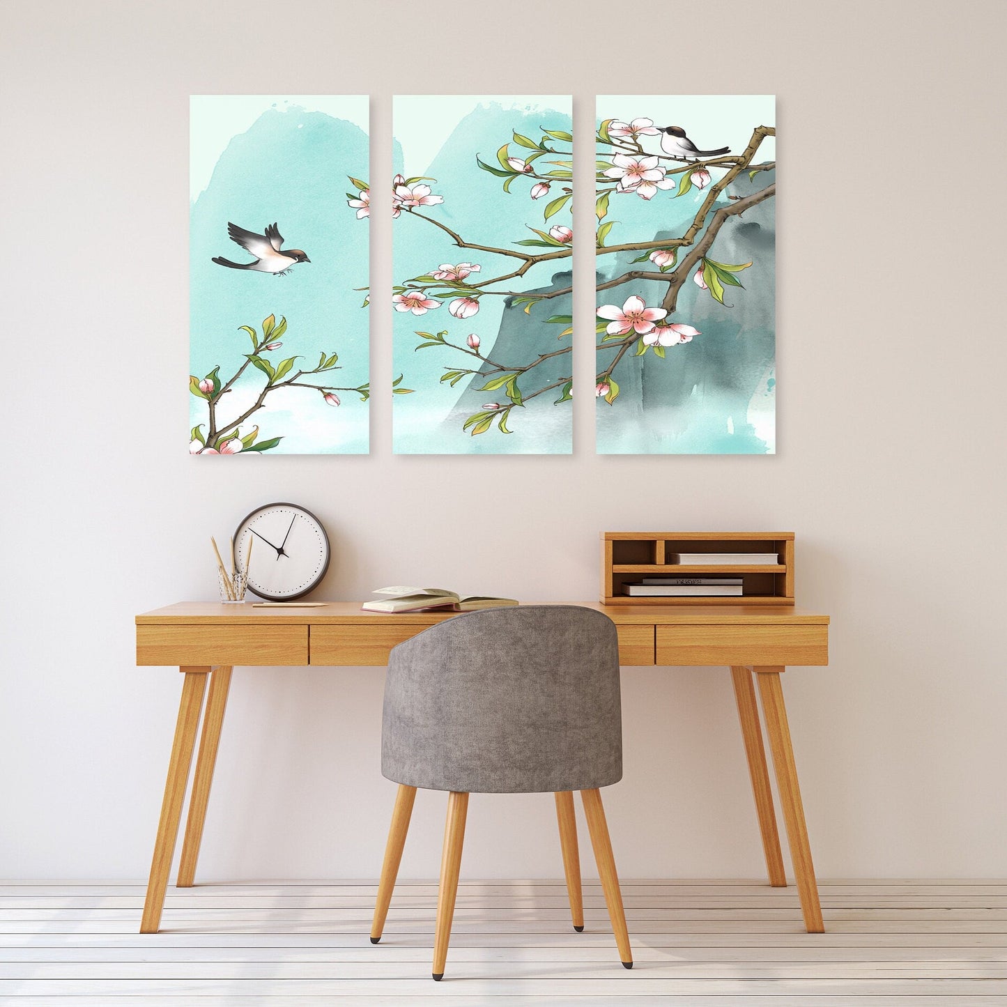 Sakura bonsai tree wall art, sakura blossoms canvas painting, floral asian wall decor japanese wall art bird prints wall art gift home decor