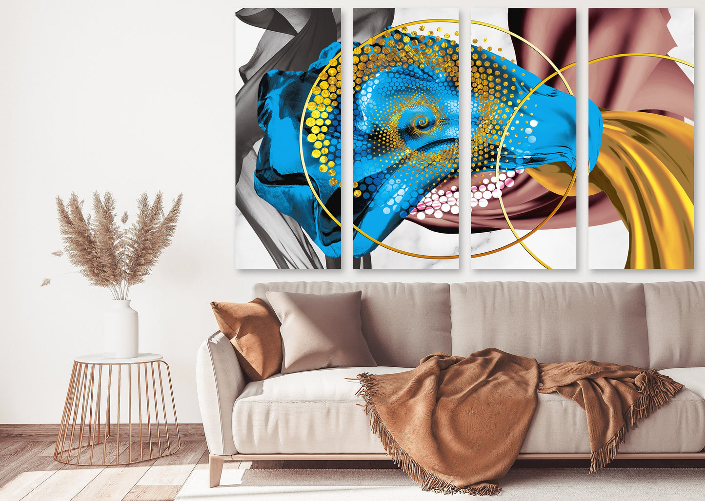 Large colorful abstract canvas wall art, horisontal multi panel gold and blue artwork, modern set of three housewarming prints, trendy gift