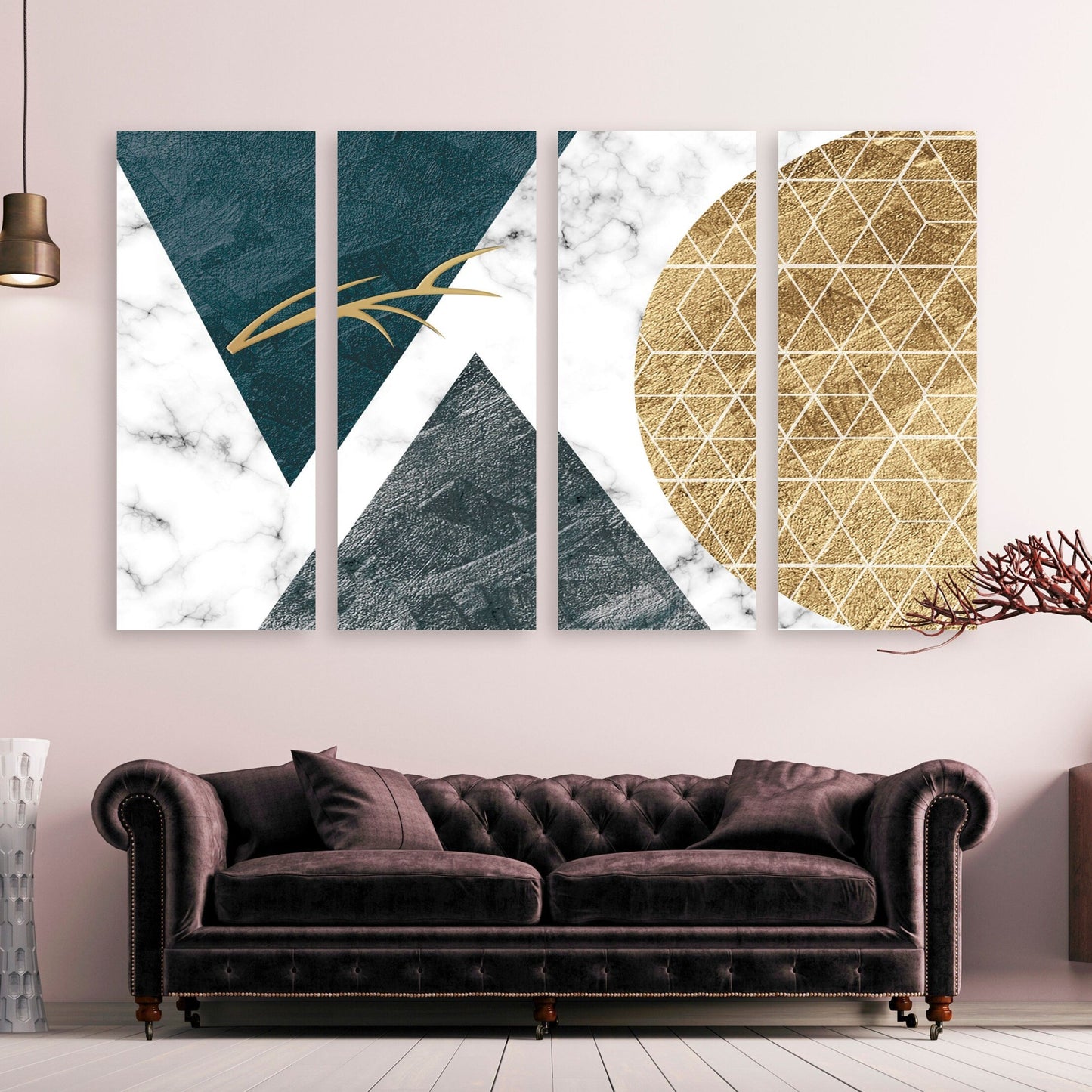 Multi panel gray and gold canvas wall art, marble geometric abstract printable wall art, trendy prints set of 3 with triangles and circle