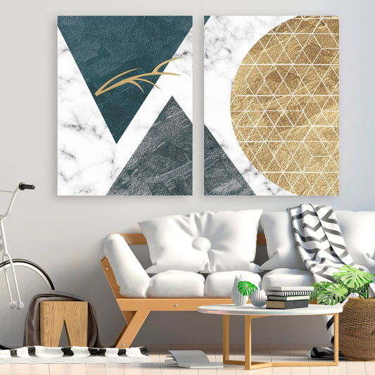 Multi panel gray and gold canvas wall art, marble geometric abstract printable wall art, trendy prints set of 3 with triangles and circle