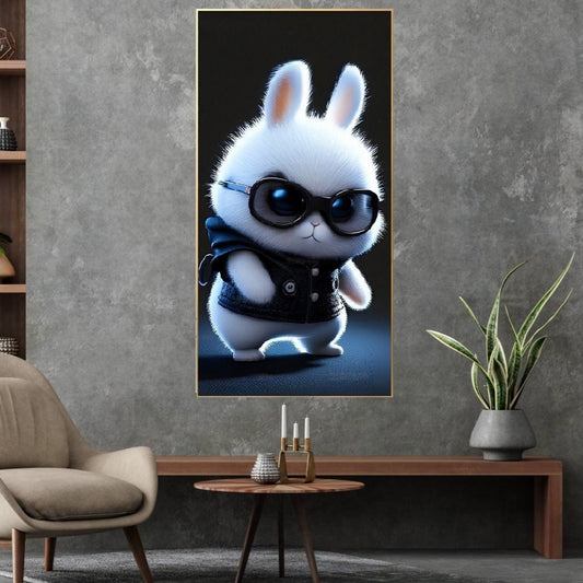 Framed canvas rabbit art wall decor, cool bunny canvas print in floating frame, nursery wall art with white rabbit, cool framed wall art