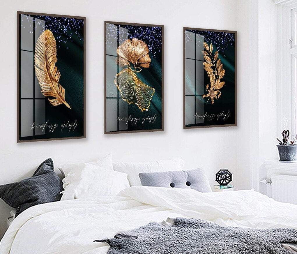 Set of 3 botanical wall prints, gold plants canvas art in floating frame, fashion gold canvas wall art, gold leaves framed printable artwork