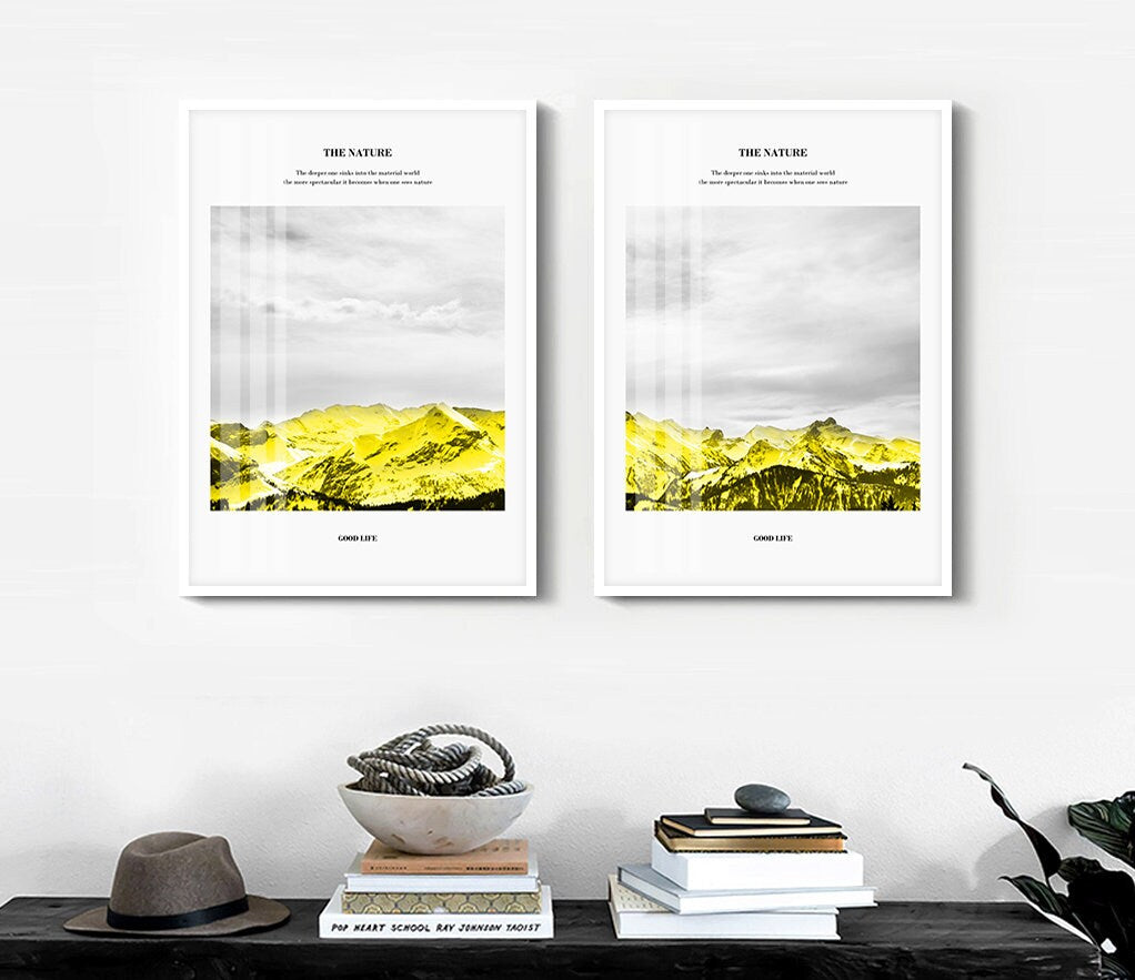 Mountains three piece framed wall art, abstract floater frame artwork, set of 3 landscape prints, yellow white framed wall hanging decor