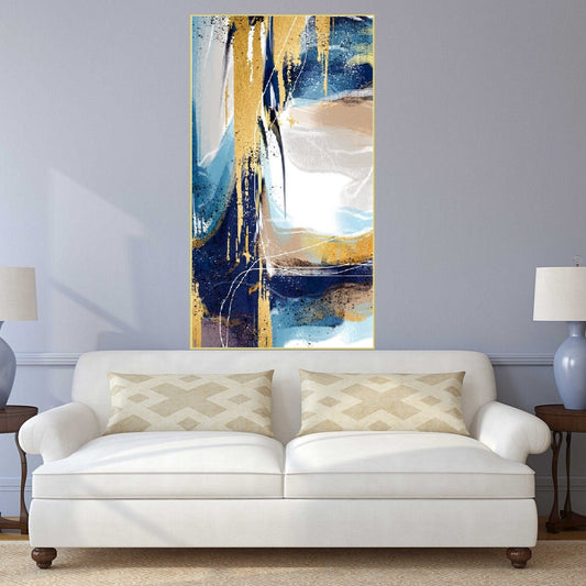 Abstract blue gold framed wall art, extra large printable canvas artwork, modern floater frame wall art, living room hanging wall gecor