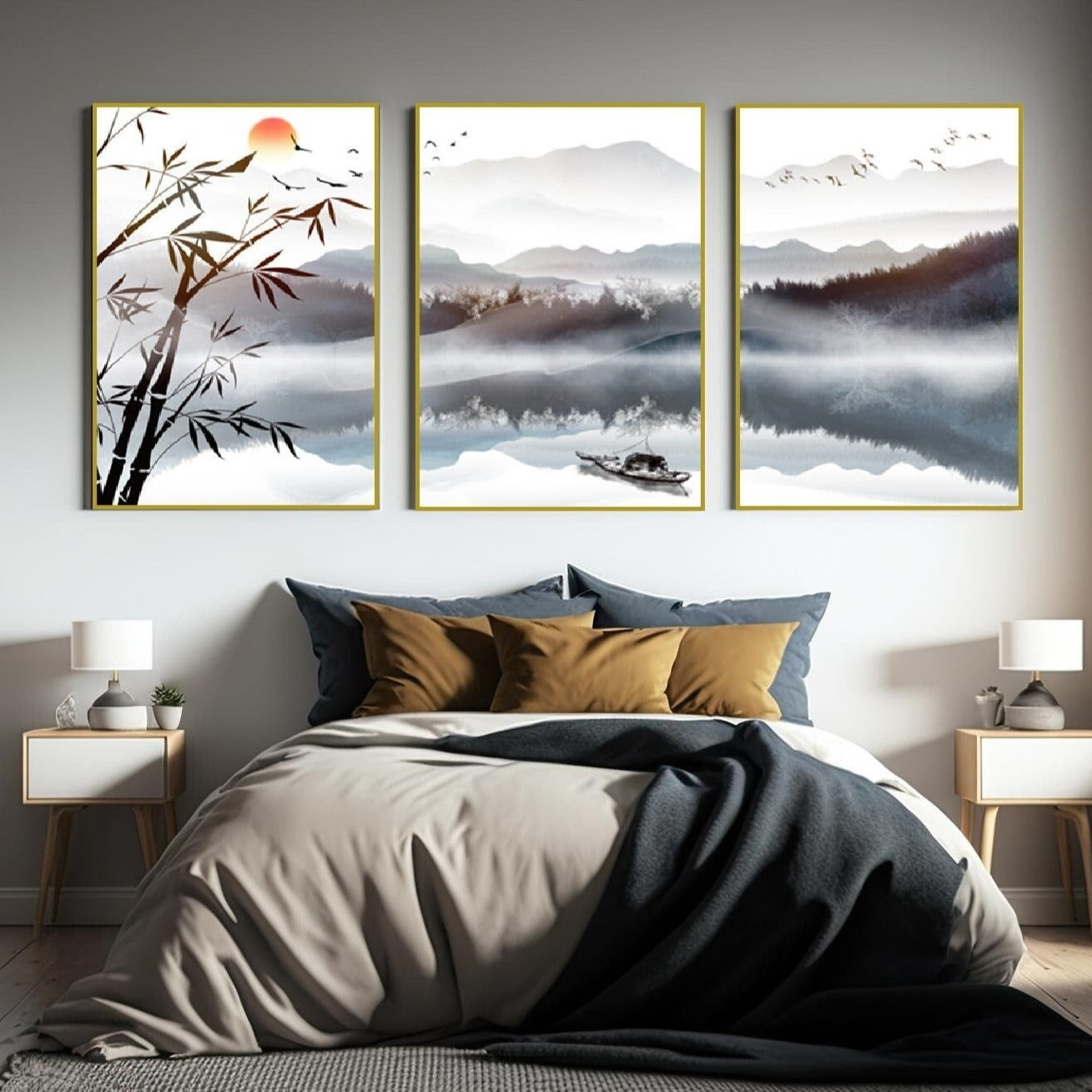 Large asian canvas wall art, smoky mountains hanging wall decor, modern oriental style wall art, printable lanscape artwork for bedroom