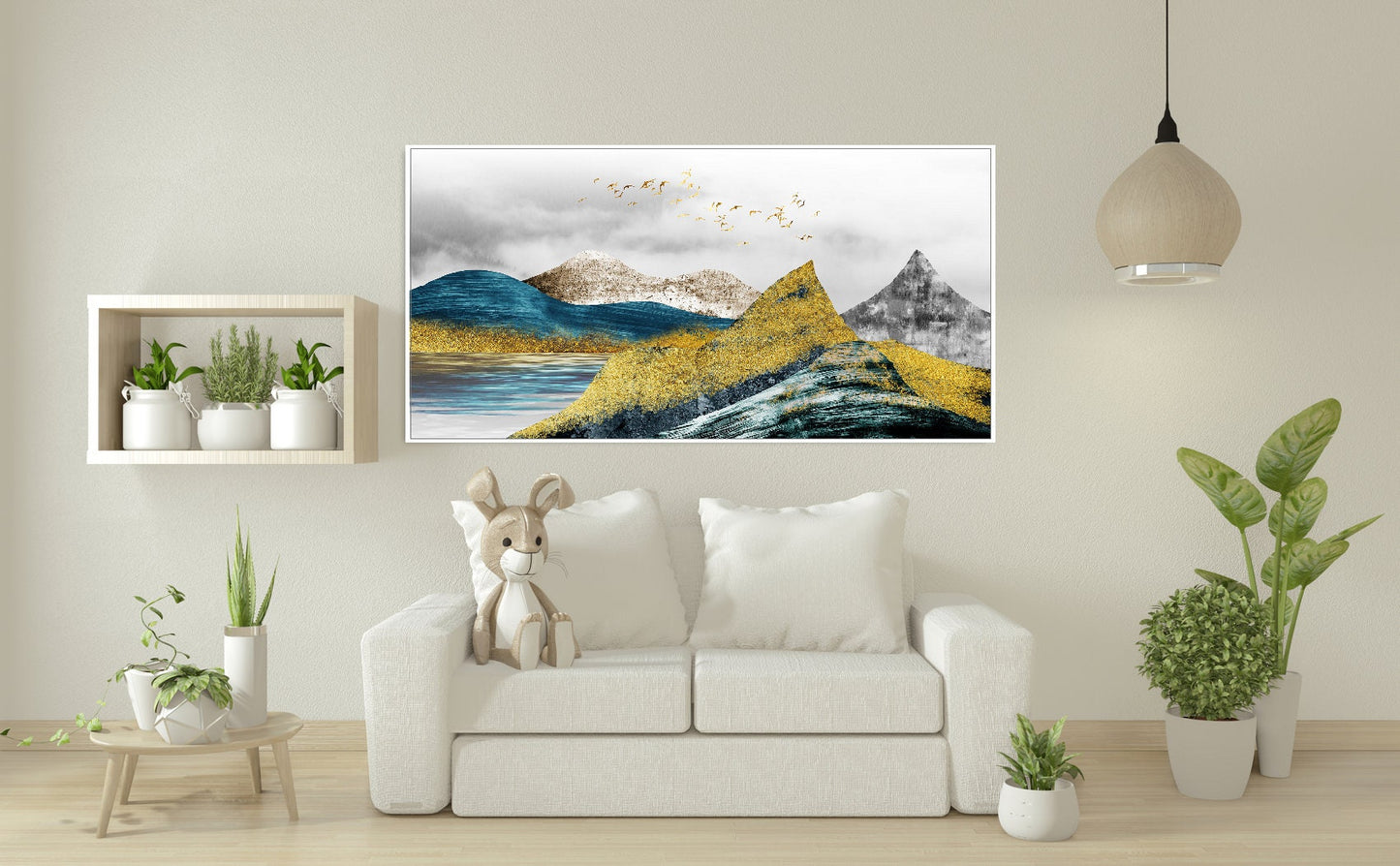 Golden mountains framed wall art, printable landscape artwork in floater frame, large blue gold canvas print, living room canvas wall art