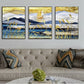 Large set of 3 floater frame wall art, printable landscape artwork, blue gold framed canvas print, marine living room three piece artwork