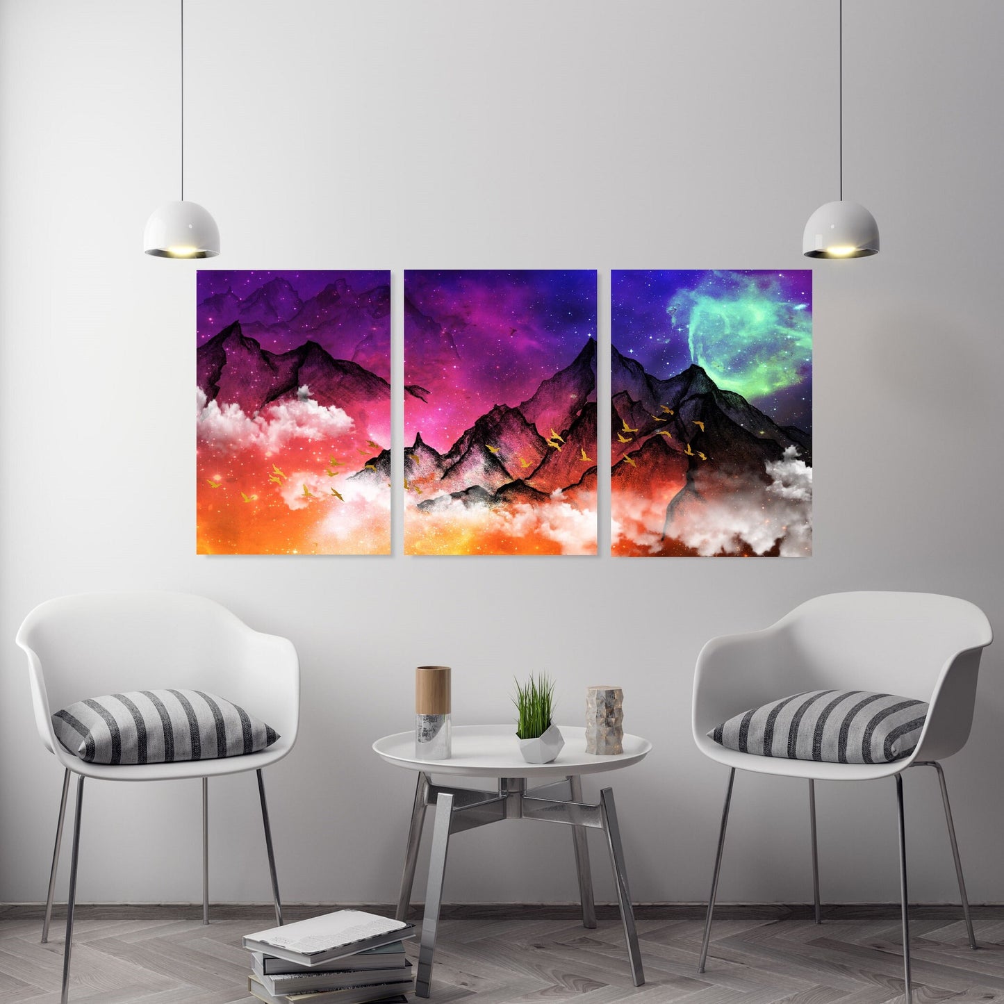 Set of 3 colorful nature floater frame wall art, extra large framed landscape artwork, mountains wall art, modern living room canvas print