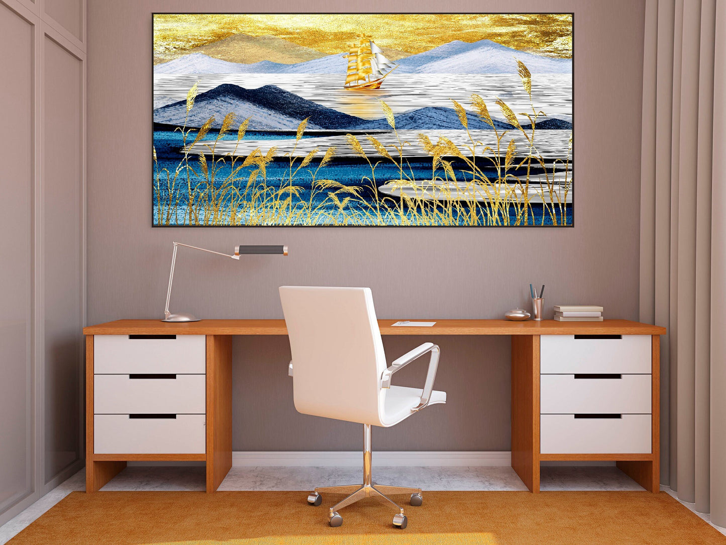 Extra large nature wall art, blue gold floater frame canvas print, printable landscape artwork, mountain hanging wall decor, marine wall art