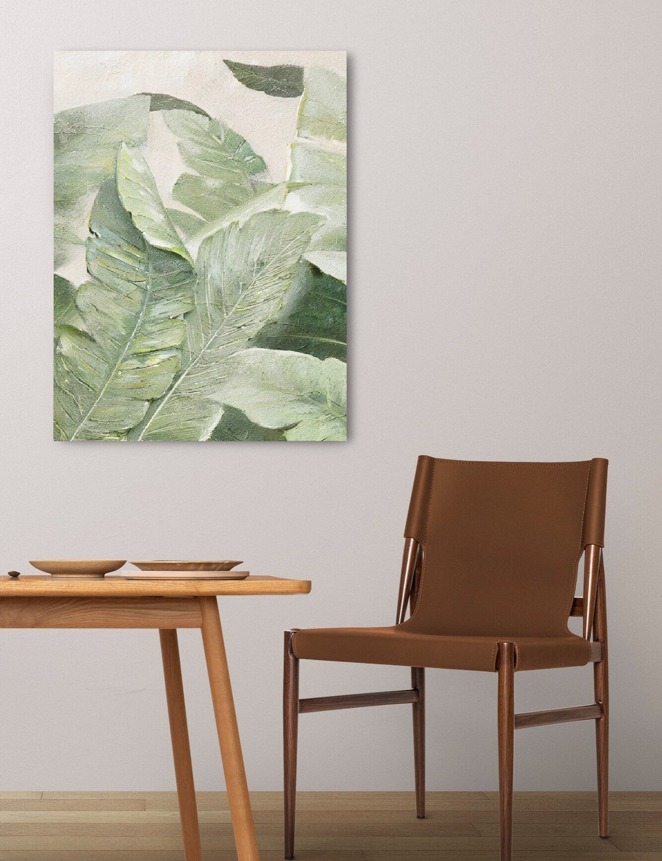 Green leaves wall art, oil painting floating frame hanging wall decor, extra large botanical canvas print, banana leaves living room artwork