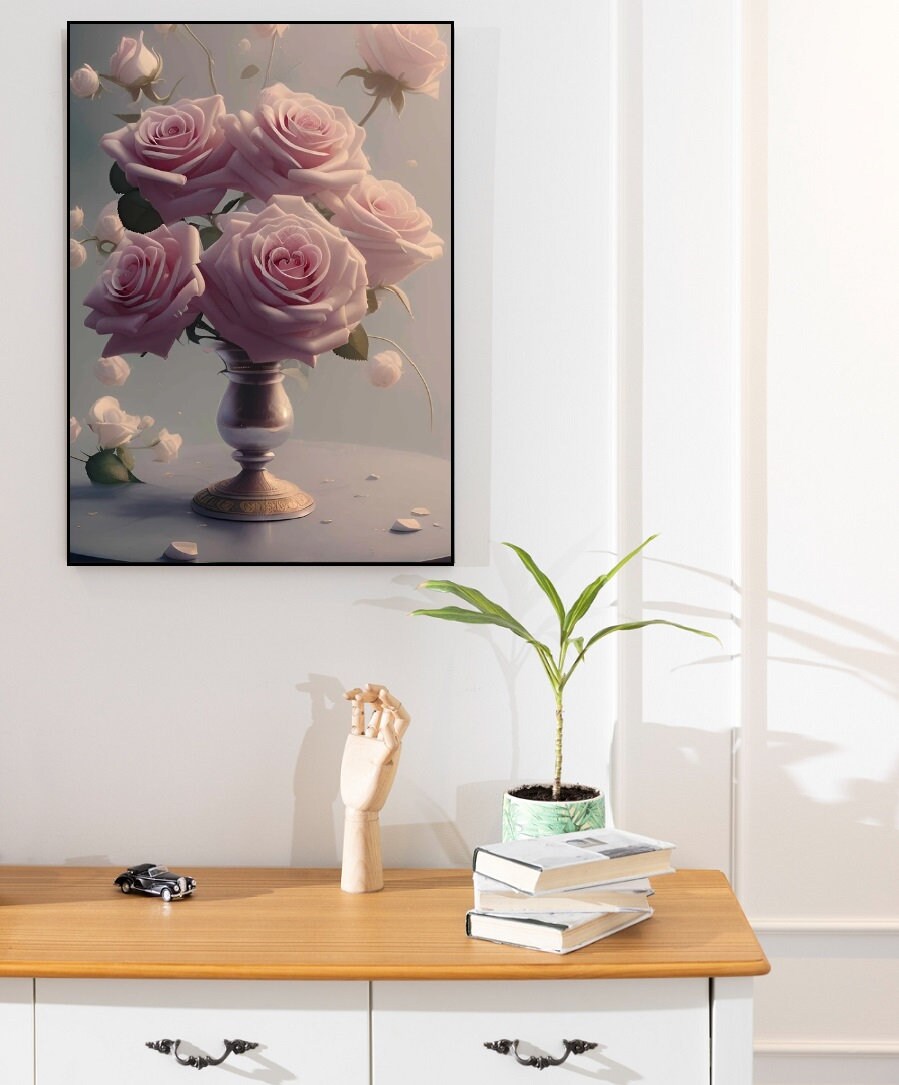 Large floral printable wall art, floater frame roses artwork, pink flowers canvas print, big boquete artwork, hanging bedroom wall decor