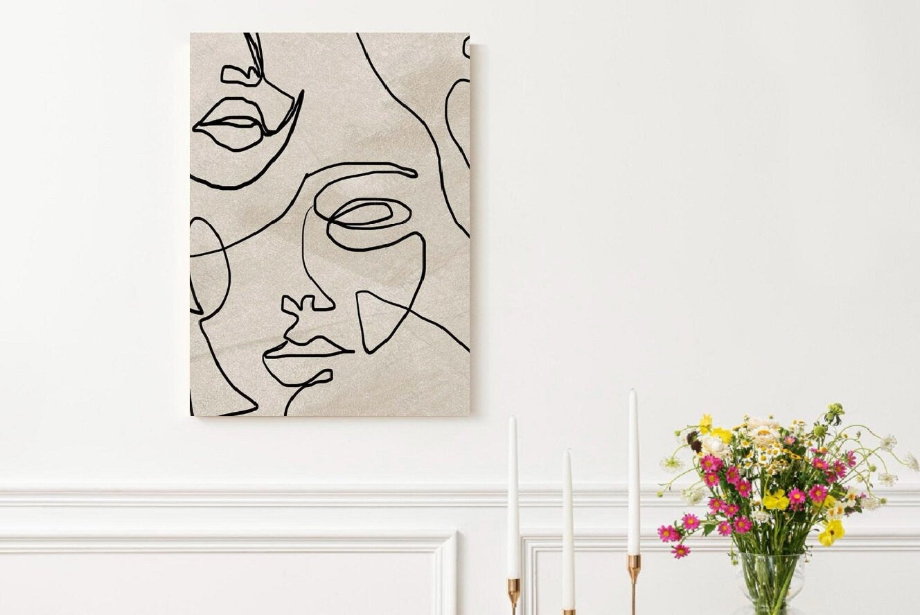 Abstract hanging wall decor, one line printable artwork, modern floating frame wall art, fashion canvas print, faces wall art for bedroom