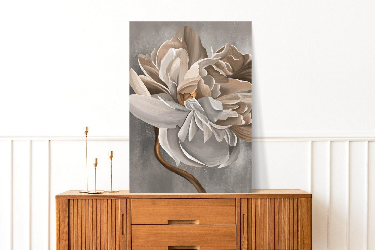 Floral framed wall art, large floating frame oil painting, big flower canvas print, beige living room wall art, wildflower printable artwork