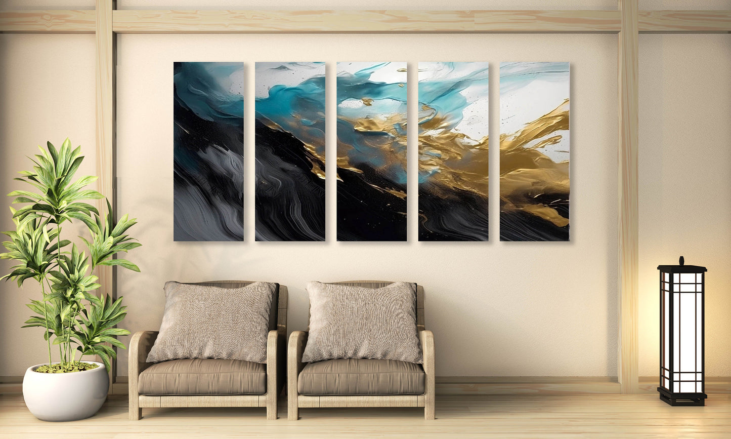 Abstract multi piece wall art, black gold canvas print, large printable artwork, three panel canvas print, conceptual bedroom wall art