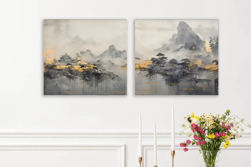 Large landscape wall art, multi piece canvas print, printable Japanese artwork, set of 3 pictures, grey bedroom wall art, artwork for gift