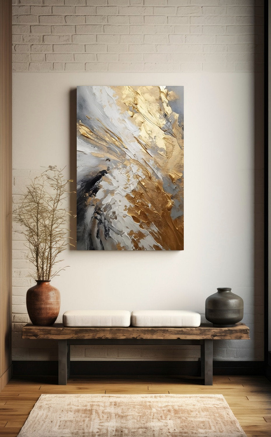 Large abstract wall art, framed contemporary canvas print, gold grey floater frame artwork, oil painting bedroom wall art, modern artwork