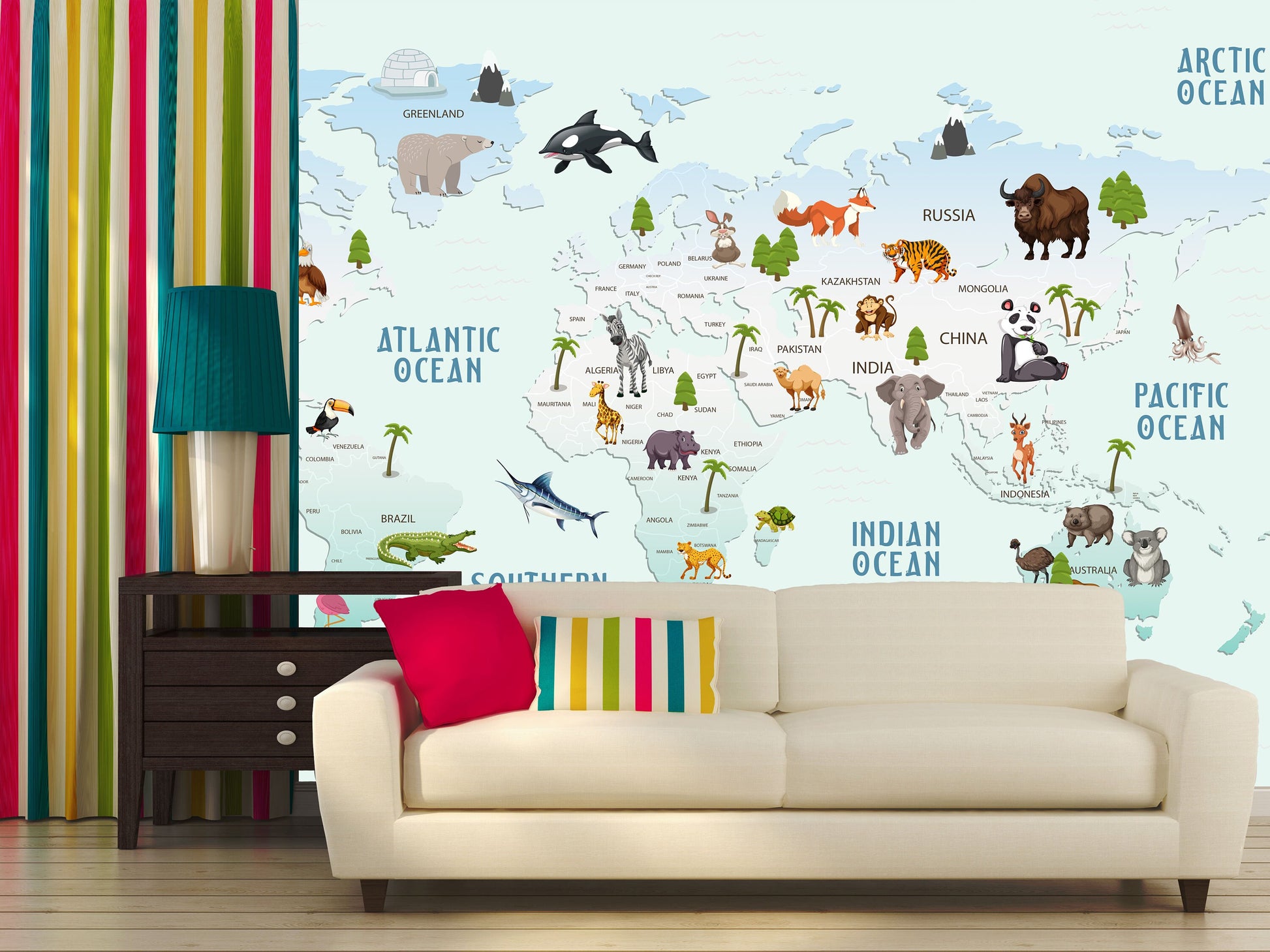 Animal world map World map mural Removable wallpaper Textured wallpaper nursery wallpaper vinyl wallpaper modern wallpaper wall print art