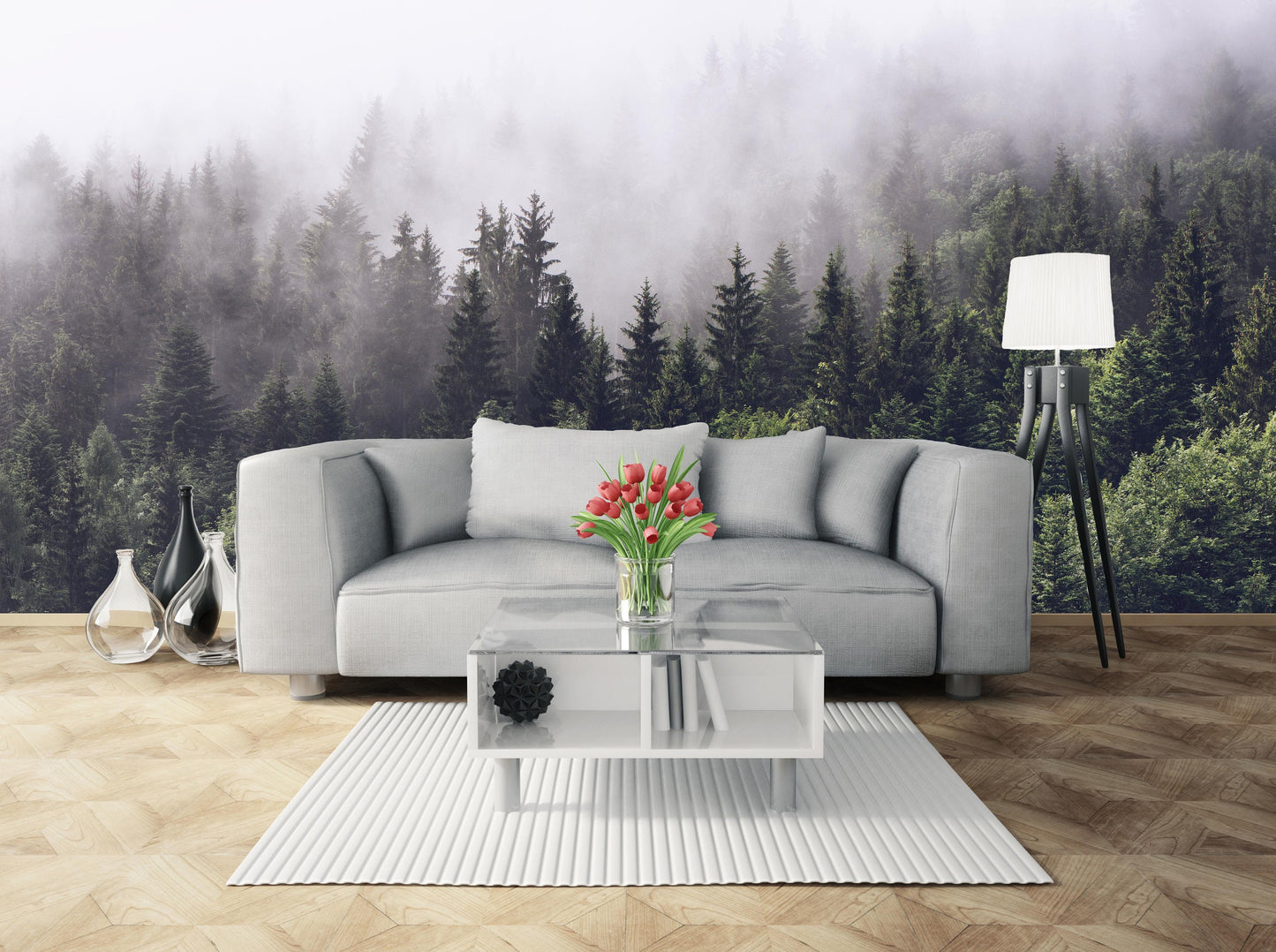 Foggy forest wall art woodland wallpaper Modern wallpaper Removable wallpaper Textured wallpaper fabric wallpaper vinyl wallpaper