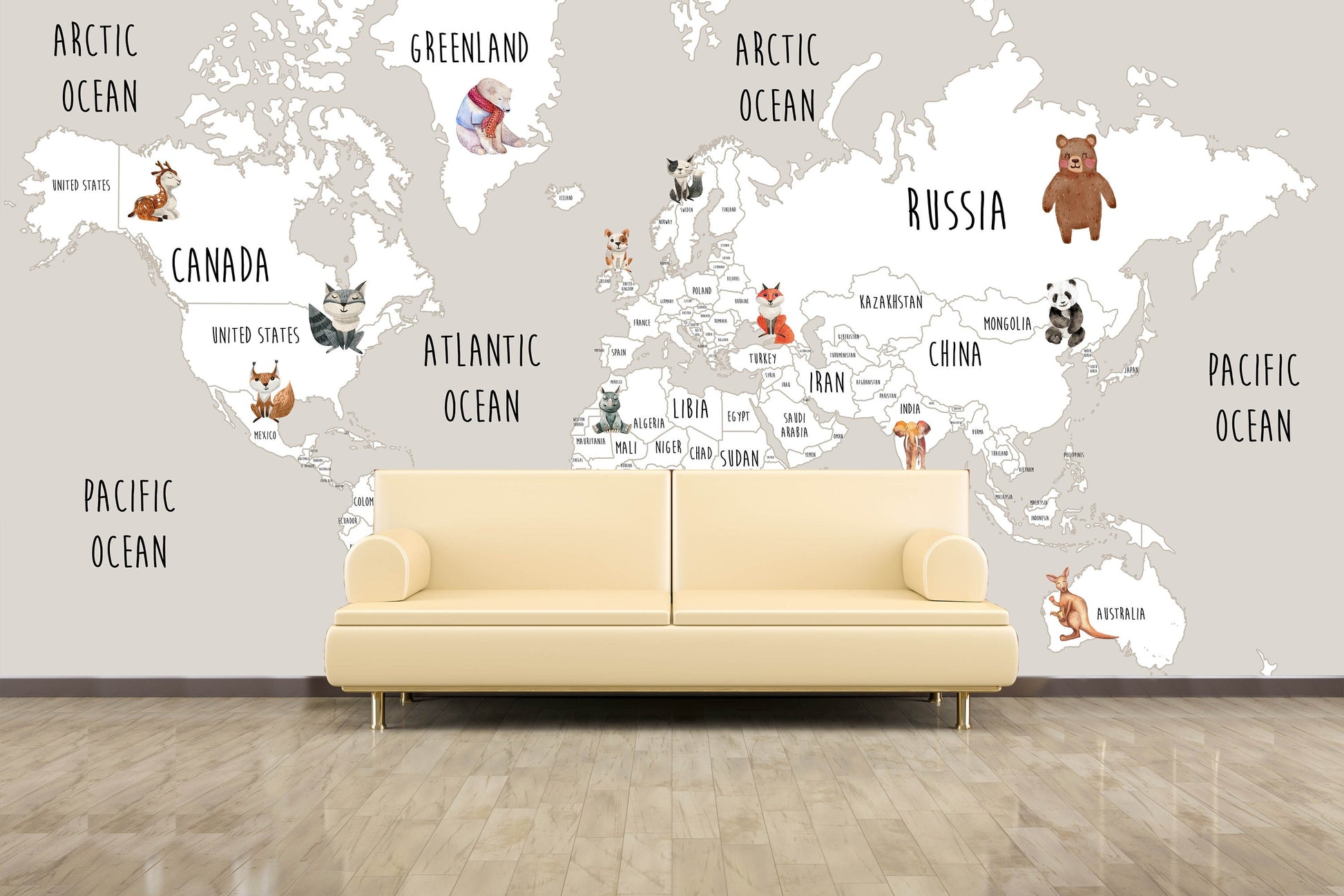 Animal world map World map mural Removable wallpaper Textured wallpaper nursery wallpaper vinyl wallpaper modern wallpaper wall print art