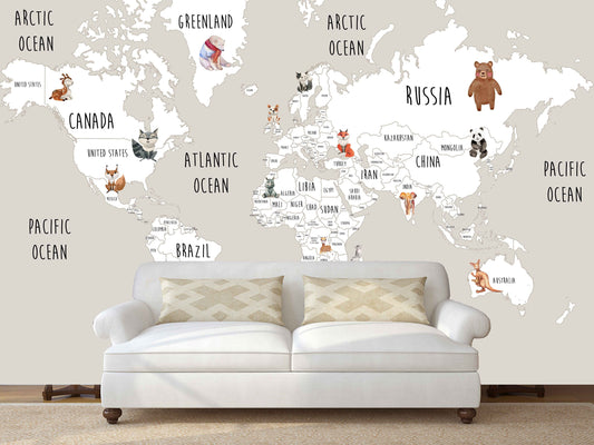 Animal world map World map mural Removable wallpaper Textured wallpaper nursery wallpaper vinyl wallpaper modern wallpaper wall print art