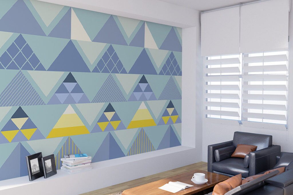 Blue wallpaper peel and stick Blue removable wallpaper Geometric wallpaper Geometric wall decal Abstract wallpaper Blue and yellow wallpaper