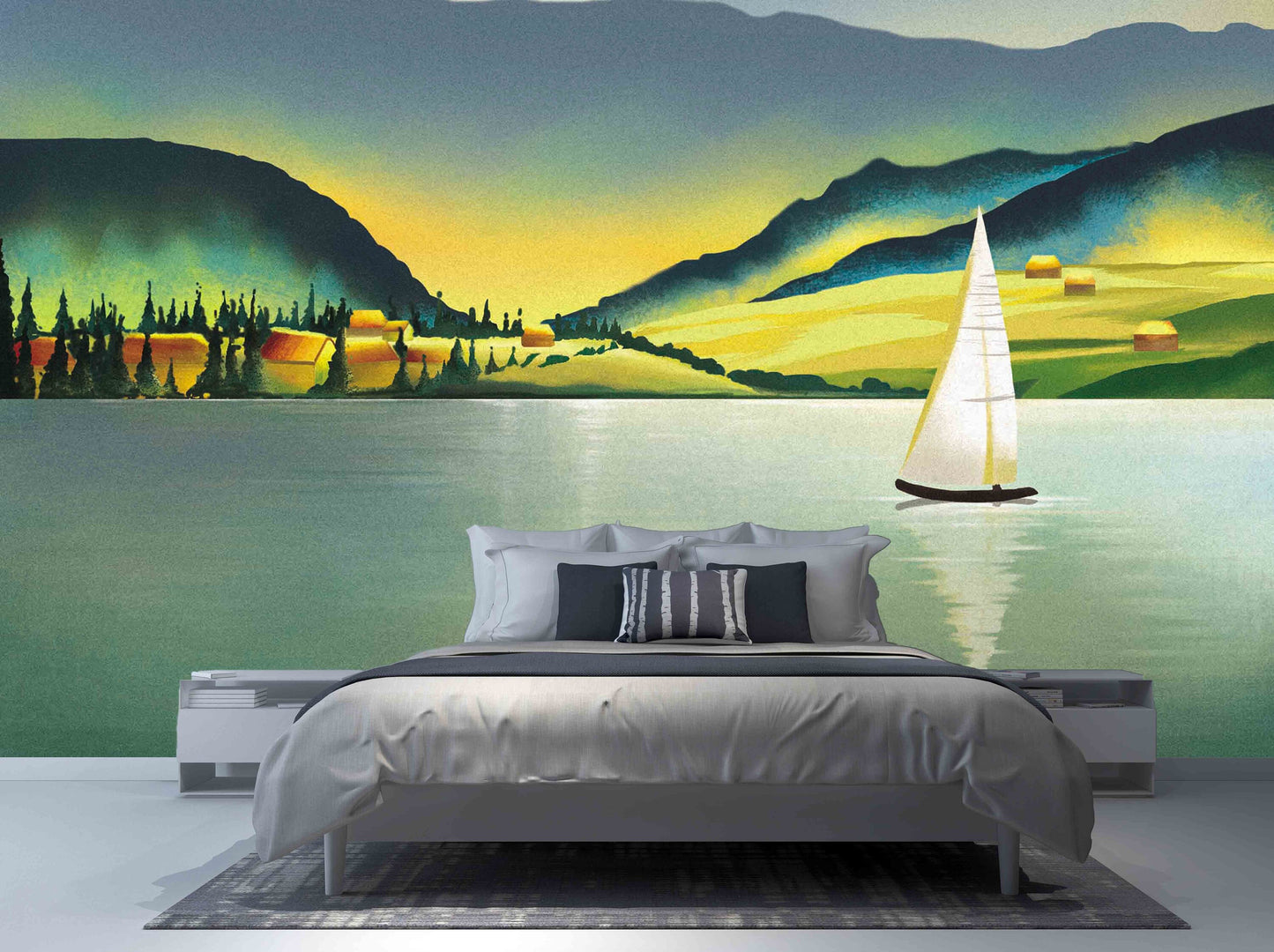 Mountain lake painting original art Sunset shimmer Emerald green wall decor Peel&stick wallpaper Mountain wall decal Home wall decor