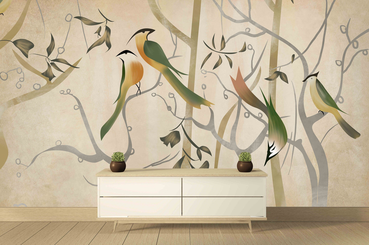 Green wallpaper birds Wallpaper with birds and flowers Chinoiserie painted silk Botanical removable Peel & stick Art deco wallpaper