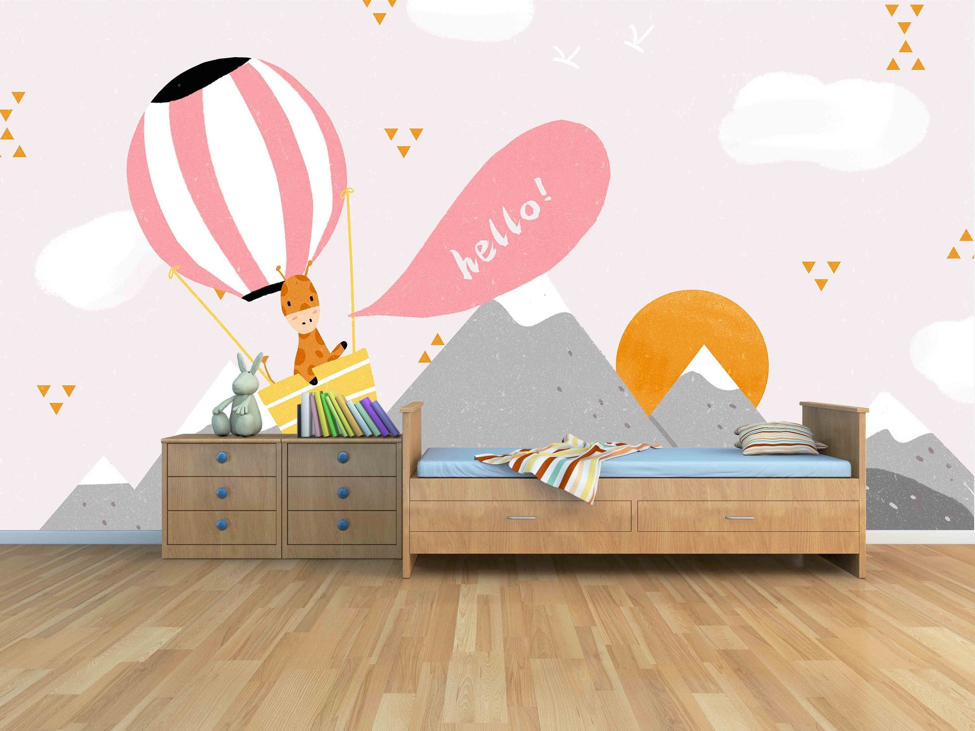 Pink cloud air balloon wallpaper Wall mural prints Peel&stick wallpaper Wall mural prints Wall decor Mountain wall decal