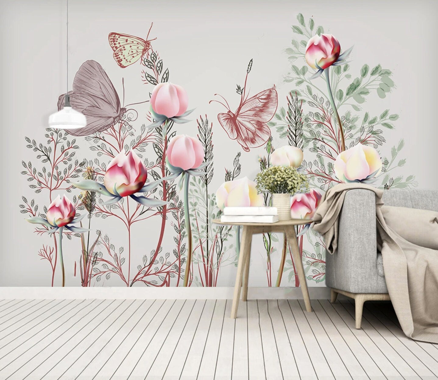 Peel and stick Flower wall backdrop Peony wallpaper Botanical removable Home wall decor Murals for girls Wall stickers butterflies