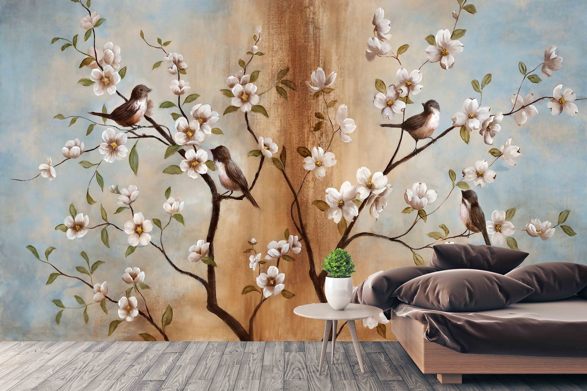 Sakura blossoms Japanese painting Chinoiserie wallpaper Botanical removable Japanese wall art Flowers wall mural prints Peel & stick