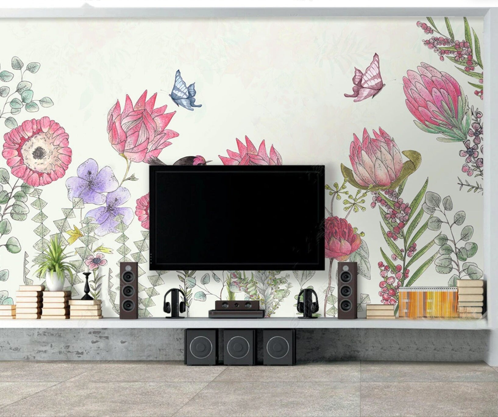 Peel and stick Wallpaper with birds and flowers Flower wall backdrop Peony wallpaper Botanical removable Home wall decor Murals for girls