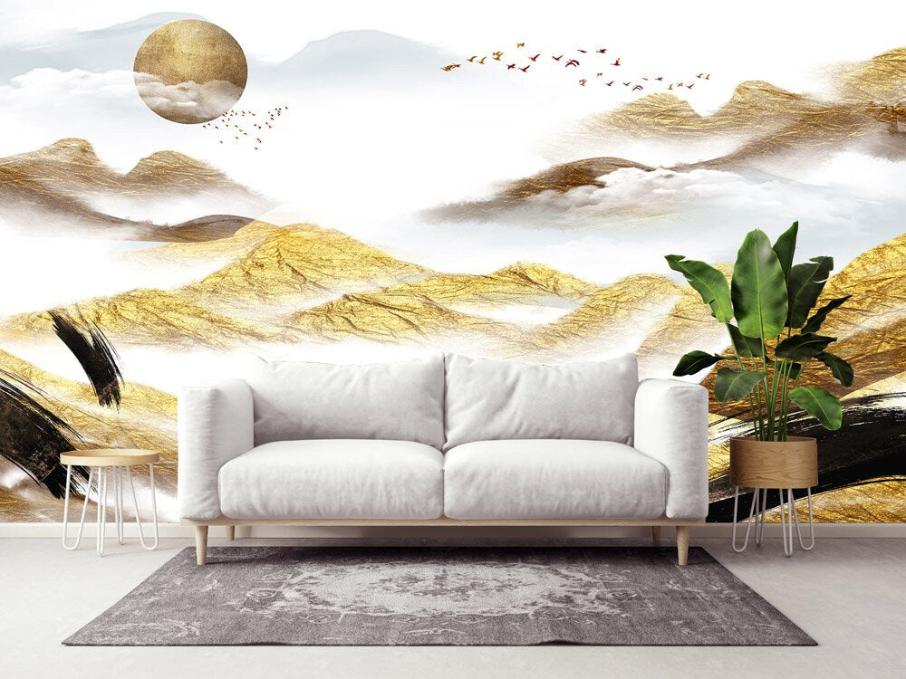 Peel and stick wall mural great smoky mountains, Removable gold and white bedroom wallpaper abstract, Minimalist decor wall art