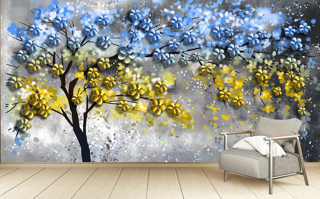 Floral wallpaper mural Blue and yellow wall art Tree wall decals & murals, Peel and stick, removable wallpaper for bedroom, living room