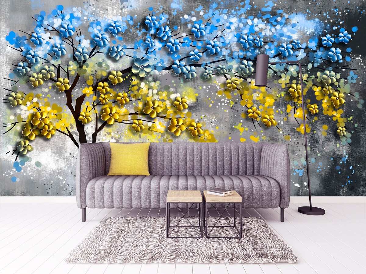 Floral wallpaper mural Blue and yellow wall art Tree wall decals & murals, Peel and stick, removable wallpaper for bedroom, living room