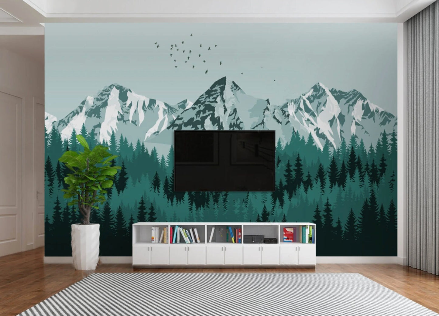 Mountains wallpaper peel and stick wall mural, green wallpaper, forest wallpaper, nature wall covering removable, self adhesive