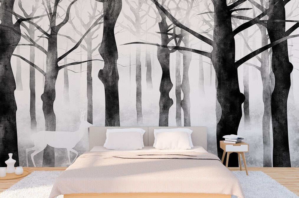 Dark forest photo wallpaper peel and stick wall mural black and white wallpaper for bedroom, living room, kitchen