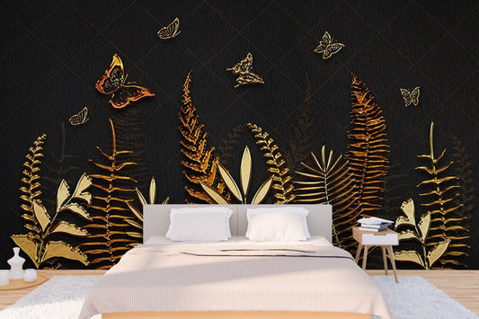 Ggold and black wallpaper peel and stick wall mural, floral and butterfly wallpaper, modern leaf vinyl, canvas wallpaper