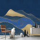 Foggy hills wall mural sticker, blue and gold peel and stick wallpaper, abstract wallpaper, modern mountain vinyl mural, canvas wallpaper