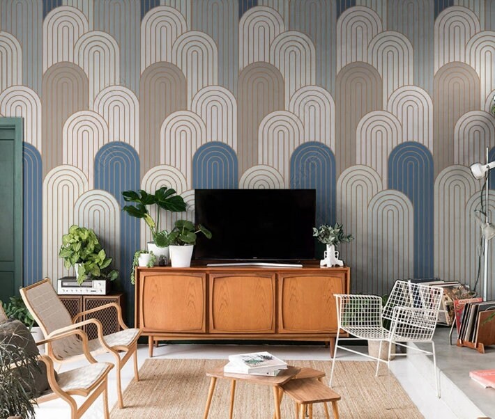 Mid century modern wallpaper peel and stick wall mural, blue wallpaper, accent wallpaper, geometric vinyl wallpaper, canvas wallpaper