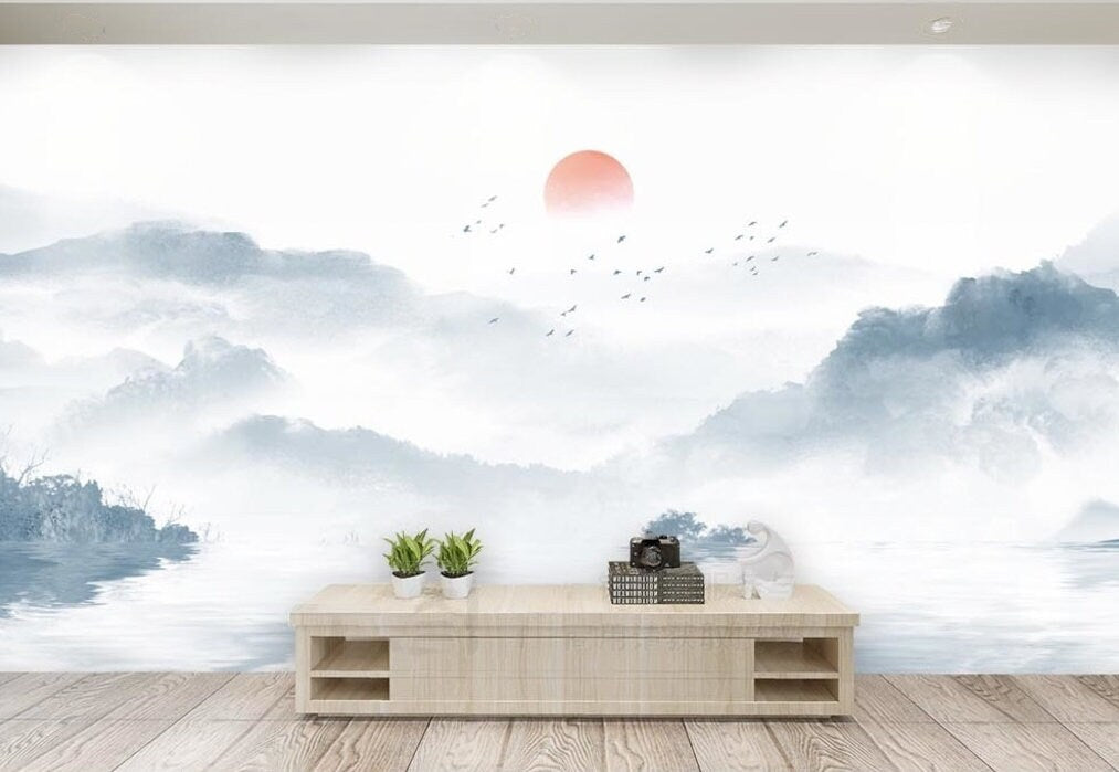 Smoky mountains japanese wallpaper peel and stick wall mural, blue ridge mountains wall decor, asian canvas wallpaper, vinyl wall murals