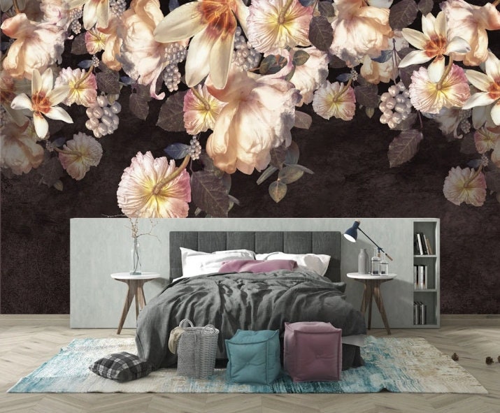 Dark floral wallpaper peel and stick wall mural, peony wall mural, flowers wallpaper for bedroom, living room