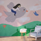 Nursery pastel wallpaper, temporary play room wall décor with girl on bird, self adhesive green and pink kids removable mural