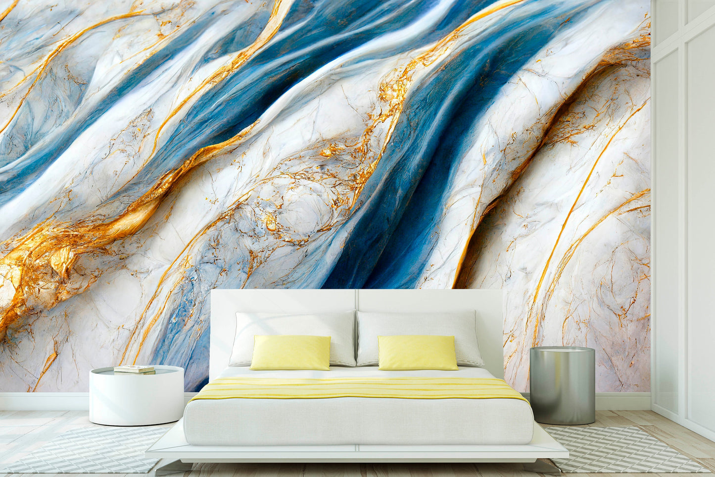 Extra large marble peel and stick wall mural, abstract self adhesive photo wallpaper, accentual white blue walpaper, removable bedroom mural