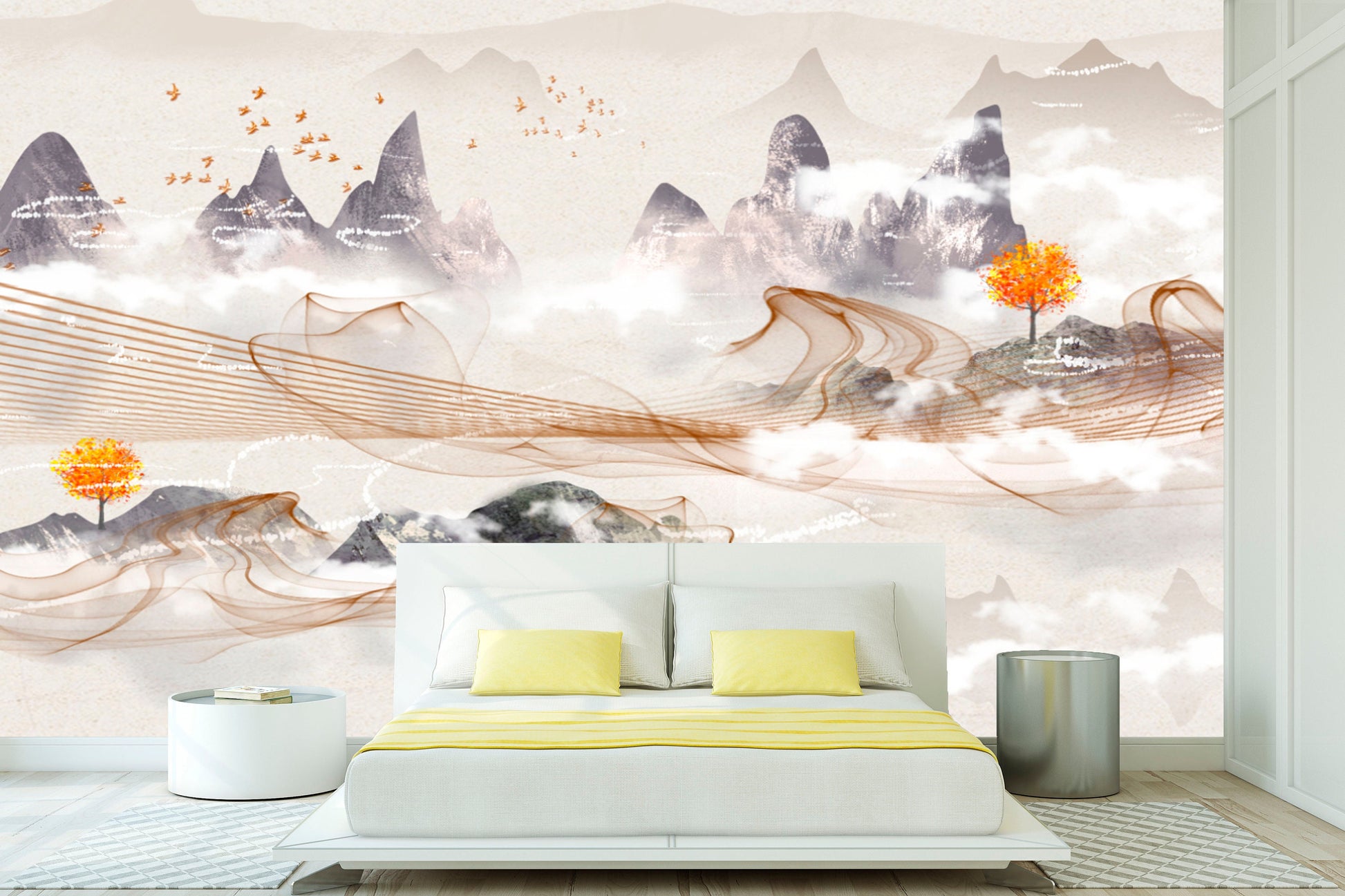 Large mountains self adhesive wallpaper, abstract nature peel and stick wall mural, removable rocks wallcovering, temporary accentual mural