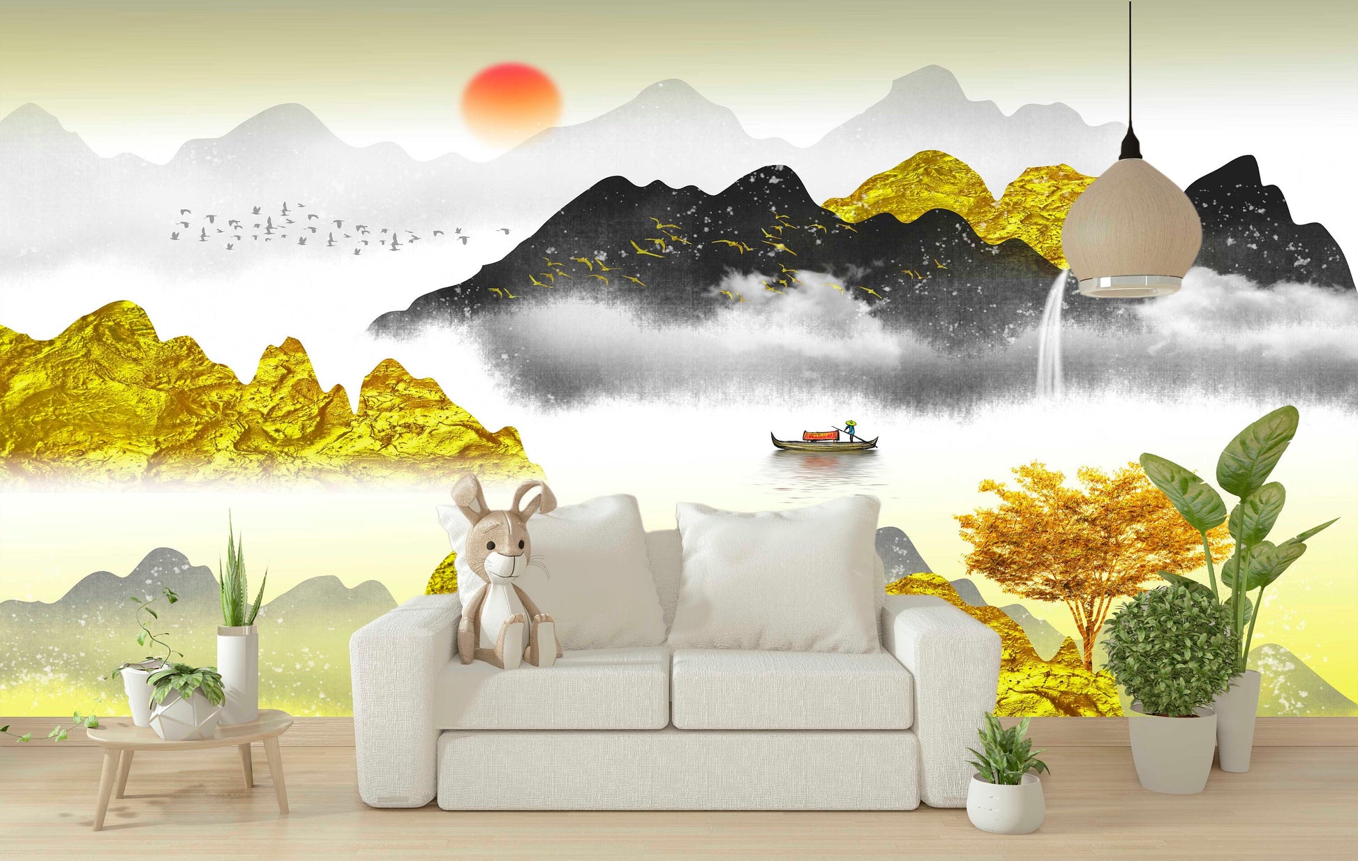 Large golden mountains self adhesive wallpaper, landscape peel stick wall mural, temporary canvas wallcovering, accentual bedroom wallpaper