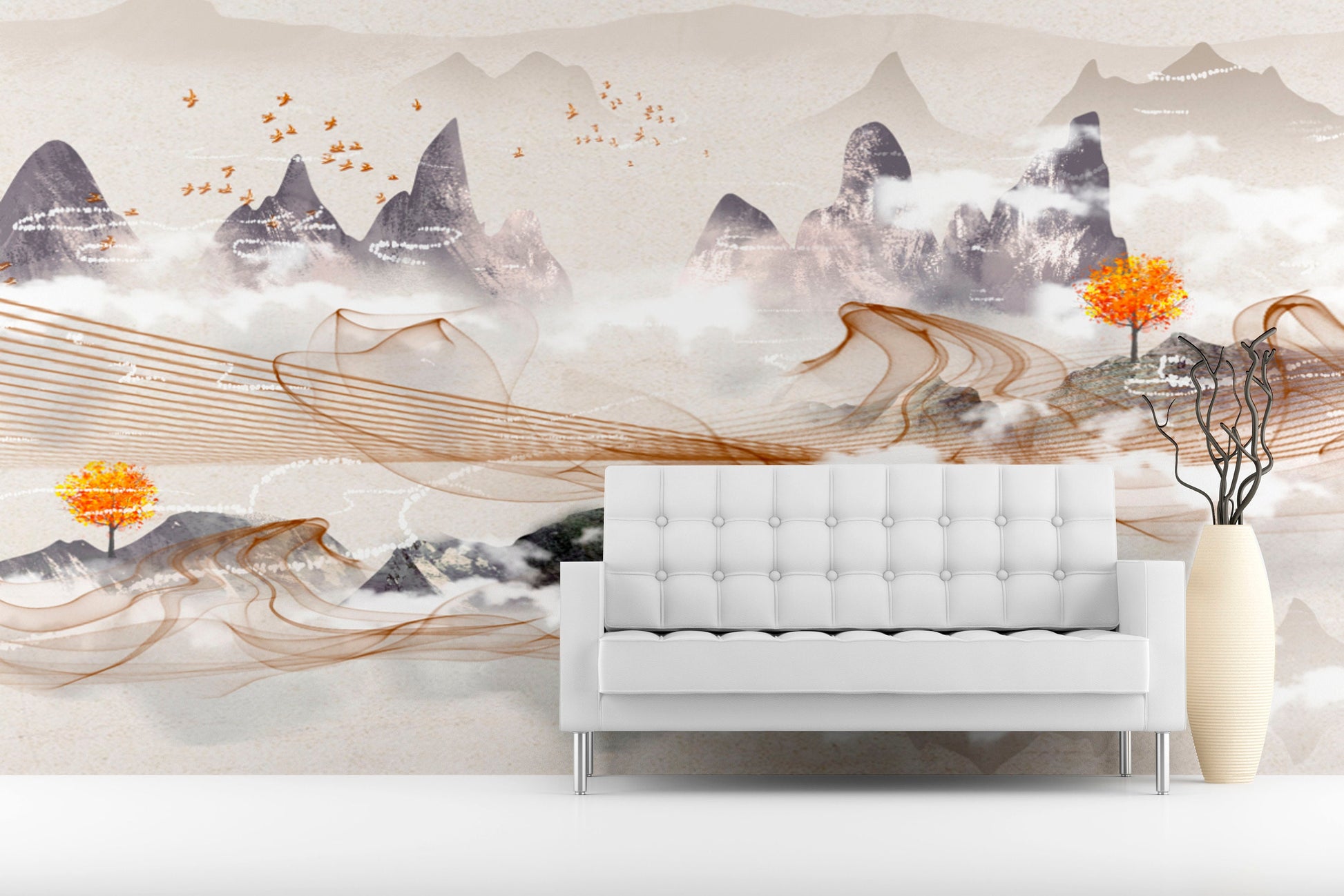 Large mountains self adhesive wallpaper, abstract nature peel and stick wall mural, removable rocks wallcovering, temporary accentual mural