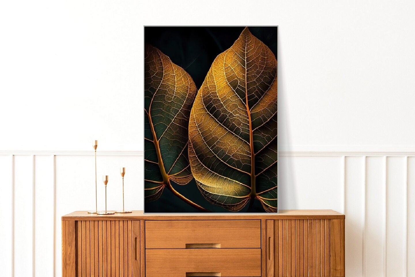 Extra large botanical wall art, printable leaves artwork in floating frame, golden leaf canvas print, dark framed wall art for living room