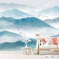 Smoky mountains self adhesive wall mural, peel and stick landscape wallpaper, temporary Japanese photo wallpaper, accentual blue wallpaper